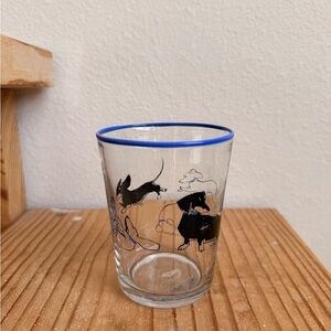 Anthropologie Glass Tumbler with Blue Rim and Black Dog Illustrations